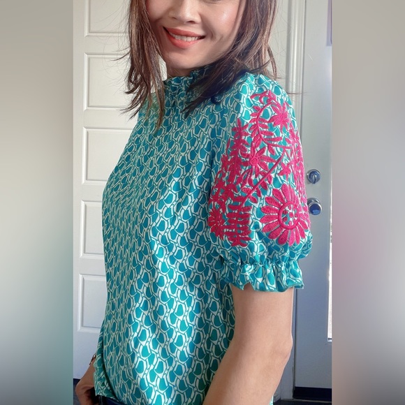 BellanBlue Tops - 09 Boho Floral Embroidered Puff Sleeve Loose Fit Blouse